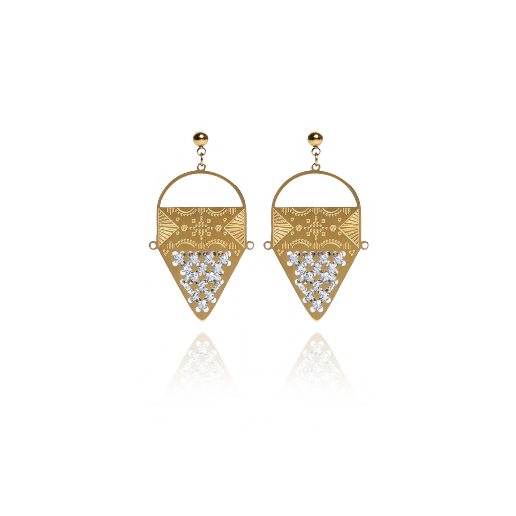 18K GOLD TRIANGULAR DANGLING EARRINGS - Crosses